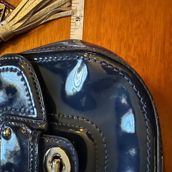 Coach Navy Patent Leather Mini Crossbody Bag With Striped Fabric Lining & Tassel - Picture 7 of 9